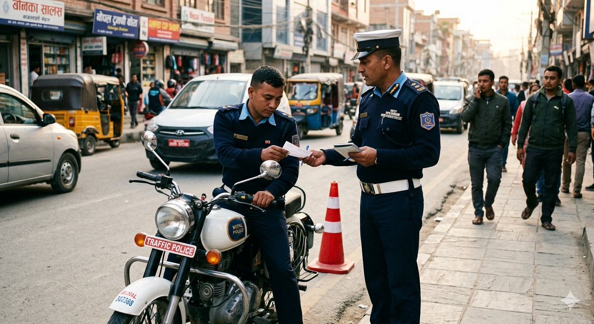 फुटपाथमा मोटरसाइकल चलाउने ट्राफिक प्रहरी नै परे कारबाहीमा